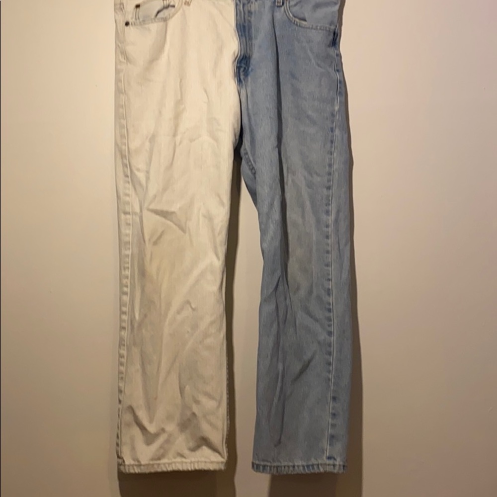 Half white half blue jeans